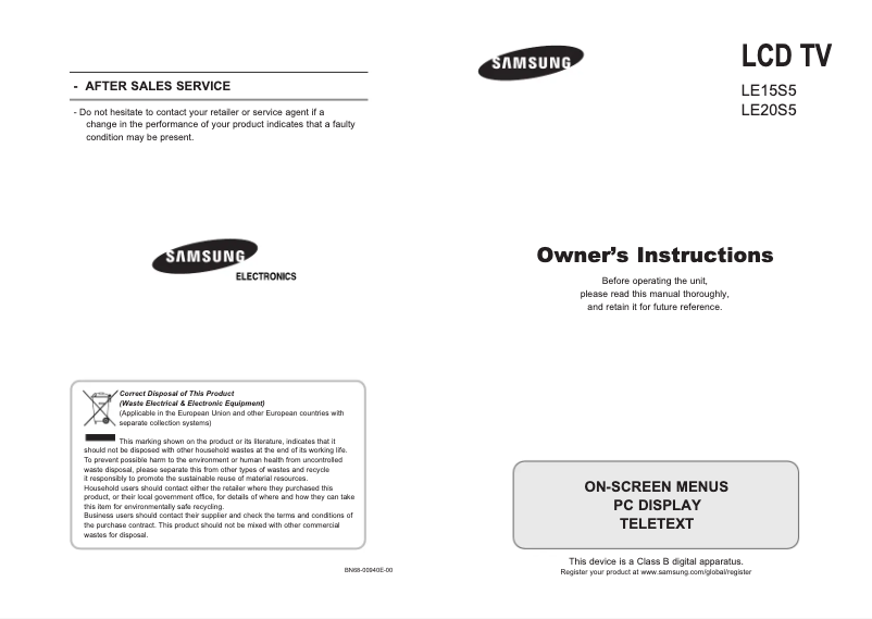 Page n°1 - Manuel utilisateur Samsung LE15S51BP