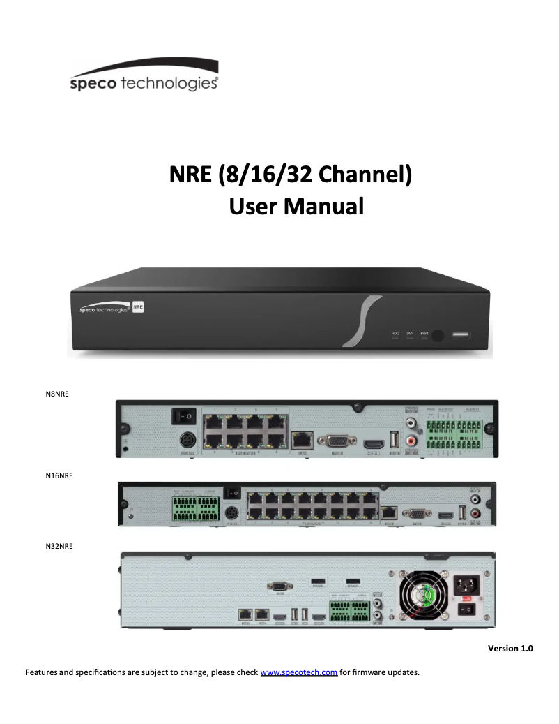 Page 1 de la notice Manuel utilisateur Speco Technologies N8WNRE