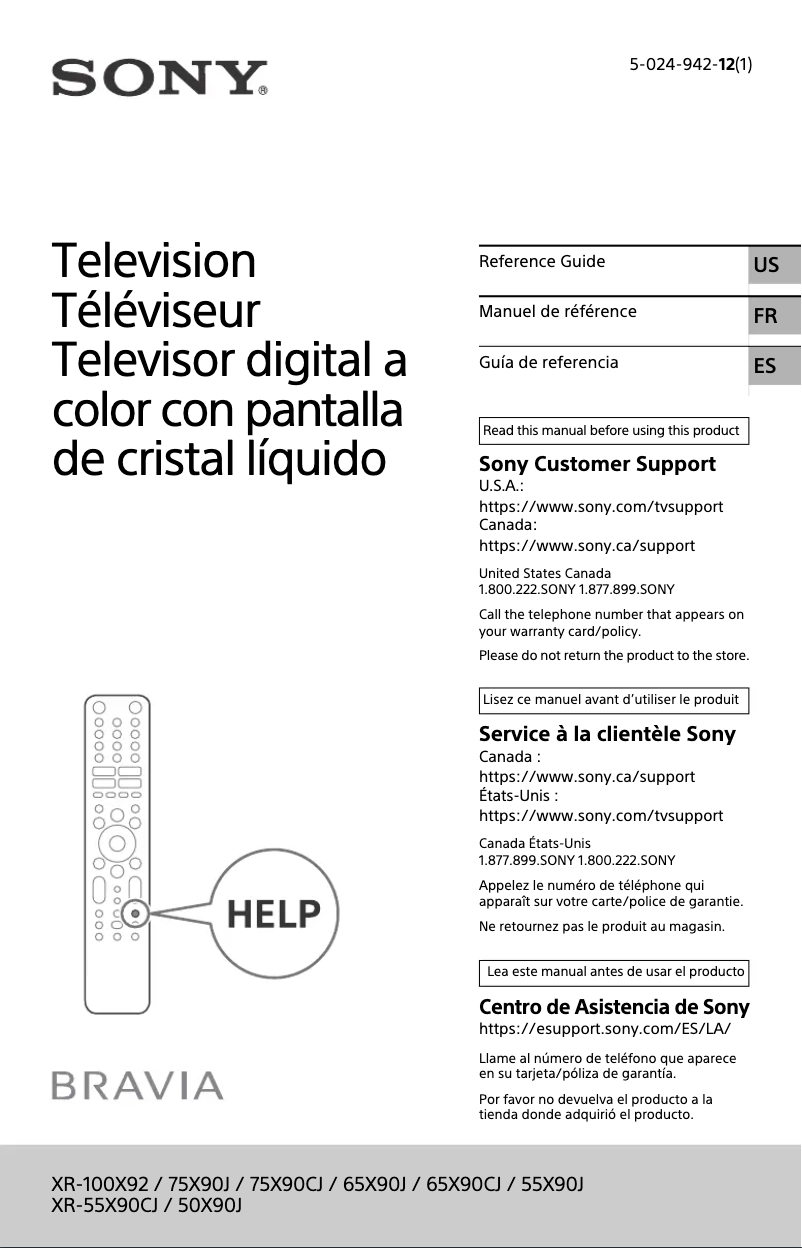 Page n°1 - Manuel utilisateur Sony XR-100X92