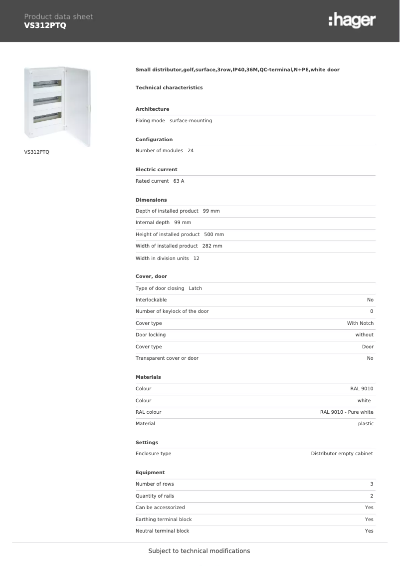 Page n°1 - Fiche technique Hager VS312PTQ