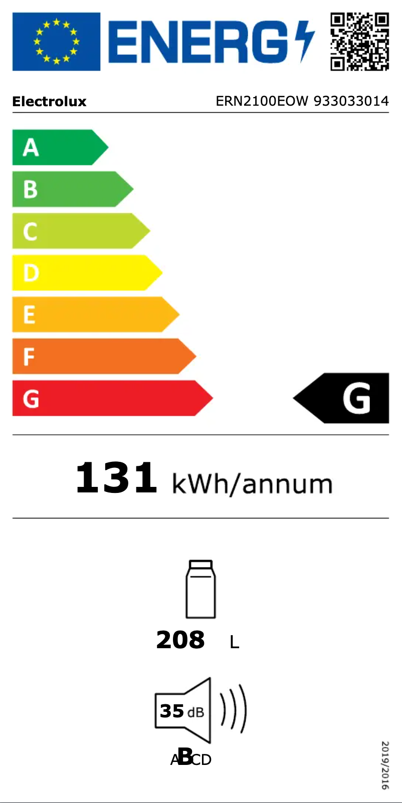 Page n°1 - Label énergétique Electrolux ERN2100EOW