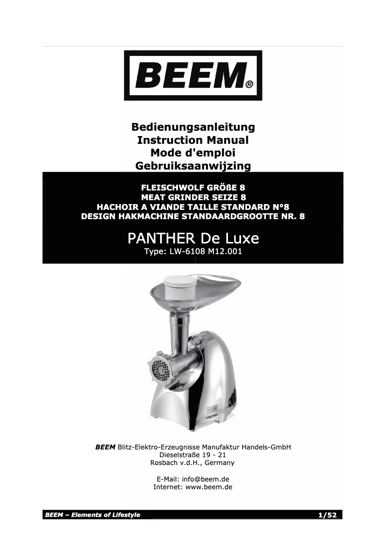 Page 1 de la notice Manuel utilisateur BEEM Panther de Luxe