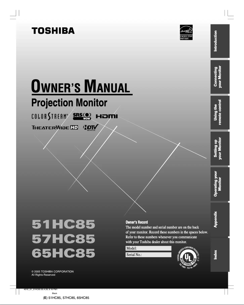 Page 1 de la notice Manuel utilisateur Toshiba 51HC85