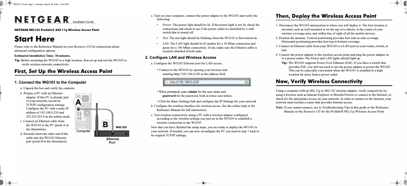 Page 1 de la notice Manuel utilisateur Netgear WG103