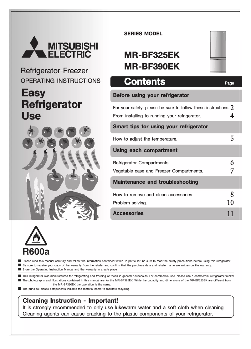 Page 1 de la notice Manuel utilisateur Mitsubishi MR-BF325EK