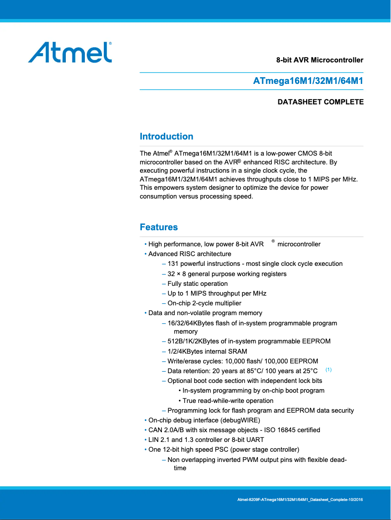 Page 1 de la notice Fiche technique Microchip ATMEGA64M1