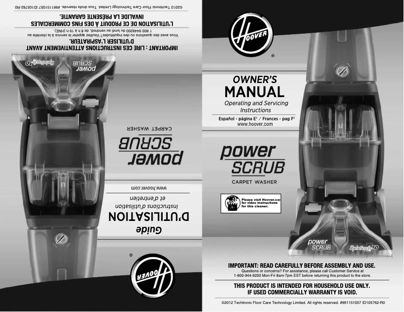 Page 1 de la notice Manuel utilisateur Hoover Power Scrub Deluxe Carpet Cleaner