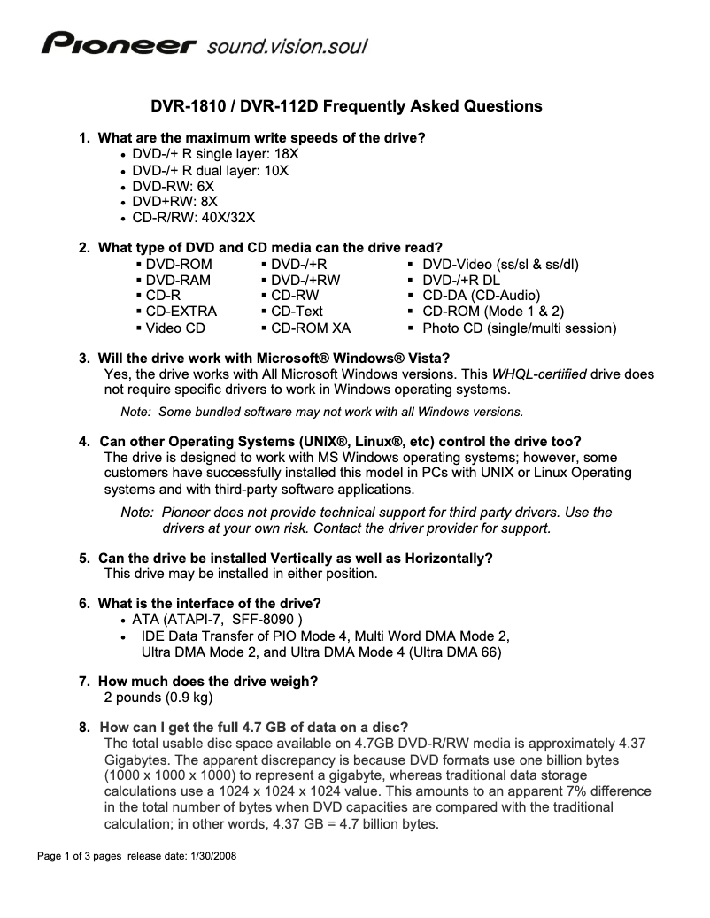 Page 1 de la notice FAQ Pioneer DVR-112D