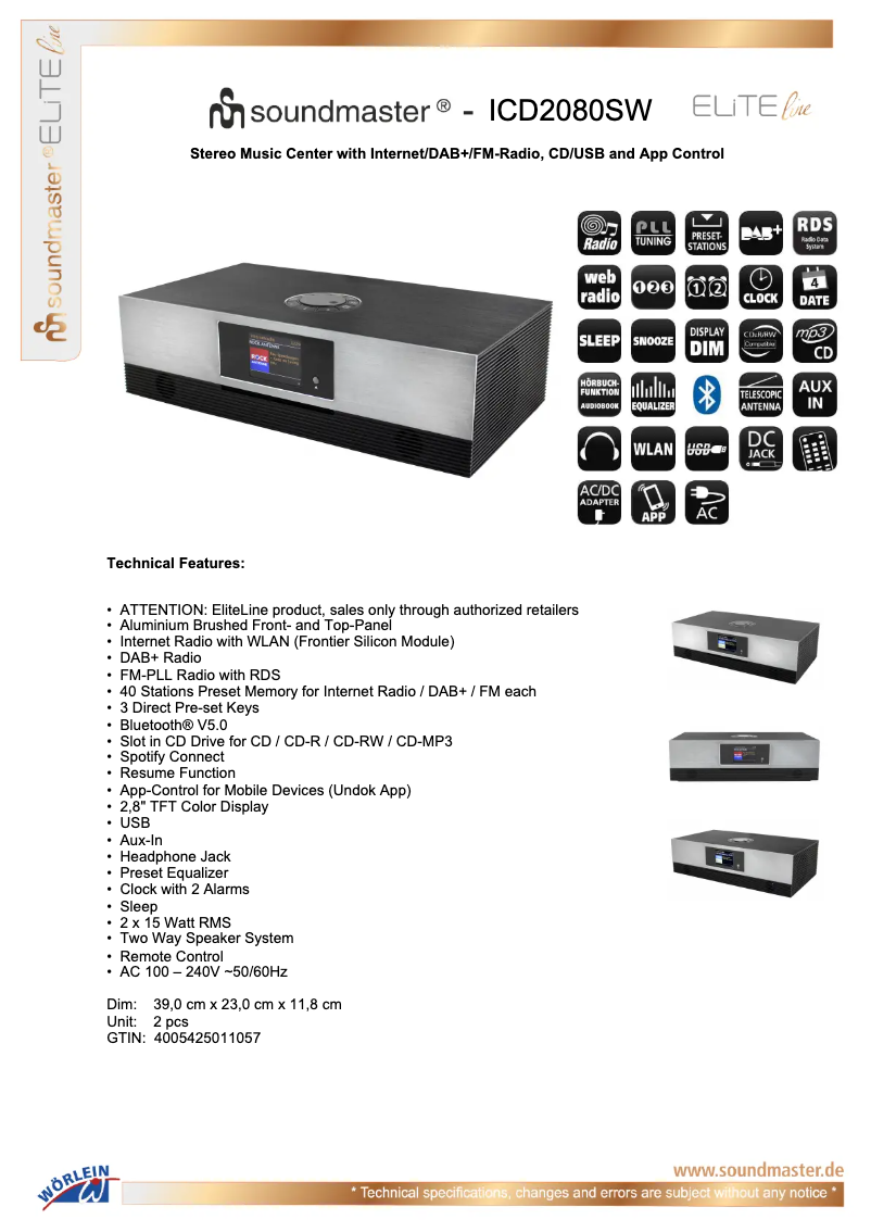 Page 1 de la notice Fiche technique Soundmaster ICD2080