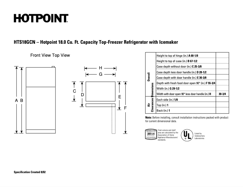 Page 1 de la notice Fiche technique Hotpoint HTS18GCNWW