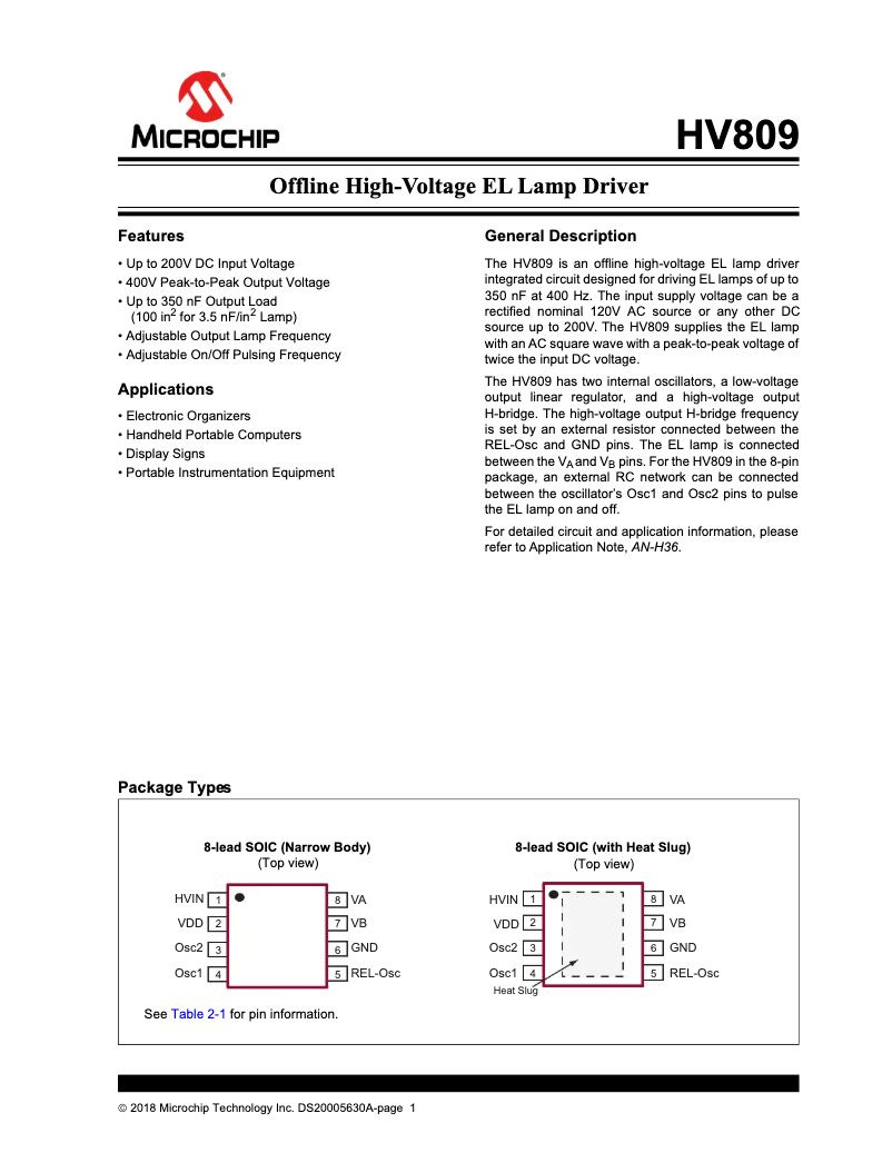 Page 1 de la notice Fiche technique Microchip HV809