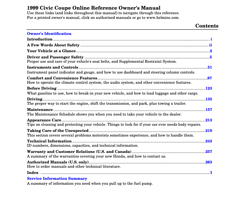 Image de la première page du manuel de l'appareil Civic Coupe (1999)