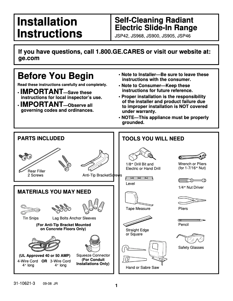 Page n°1 - Guide d'installation GE Profile JS900BKBB
