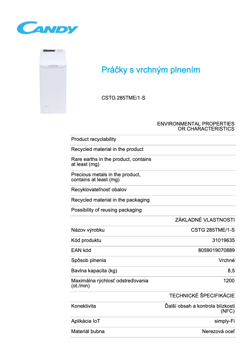 Page 1 de la notice Fiche technique Candy CSTG 285TME/1-S