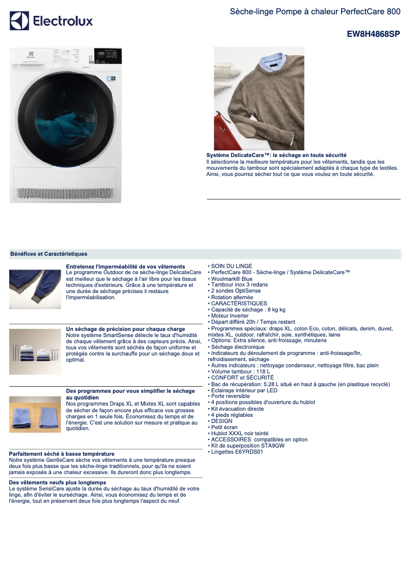 Page 1 de la notice Fiche technique Electrolux EW8H4868SP