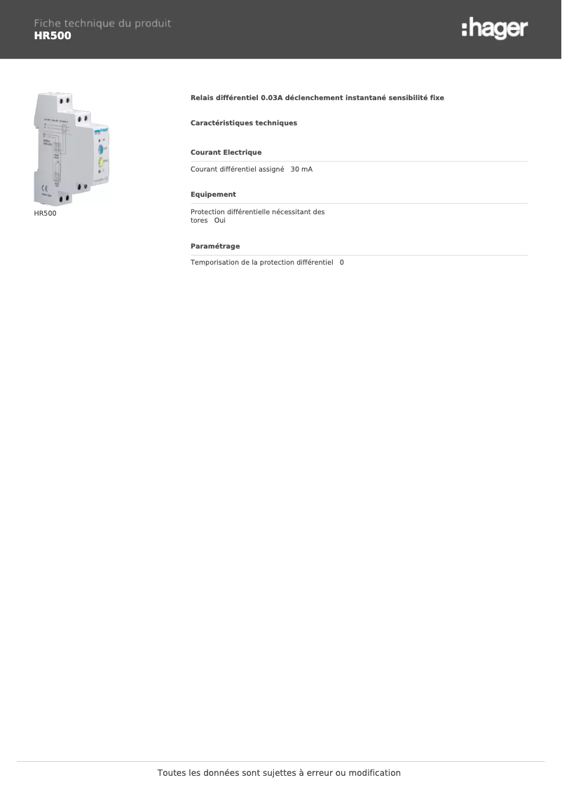 Page 1 de la notice Fiche technique Hager HR500