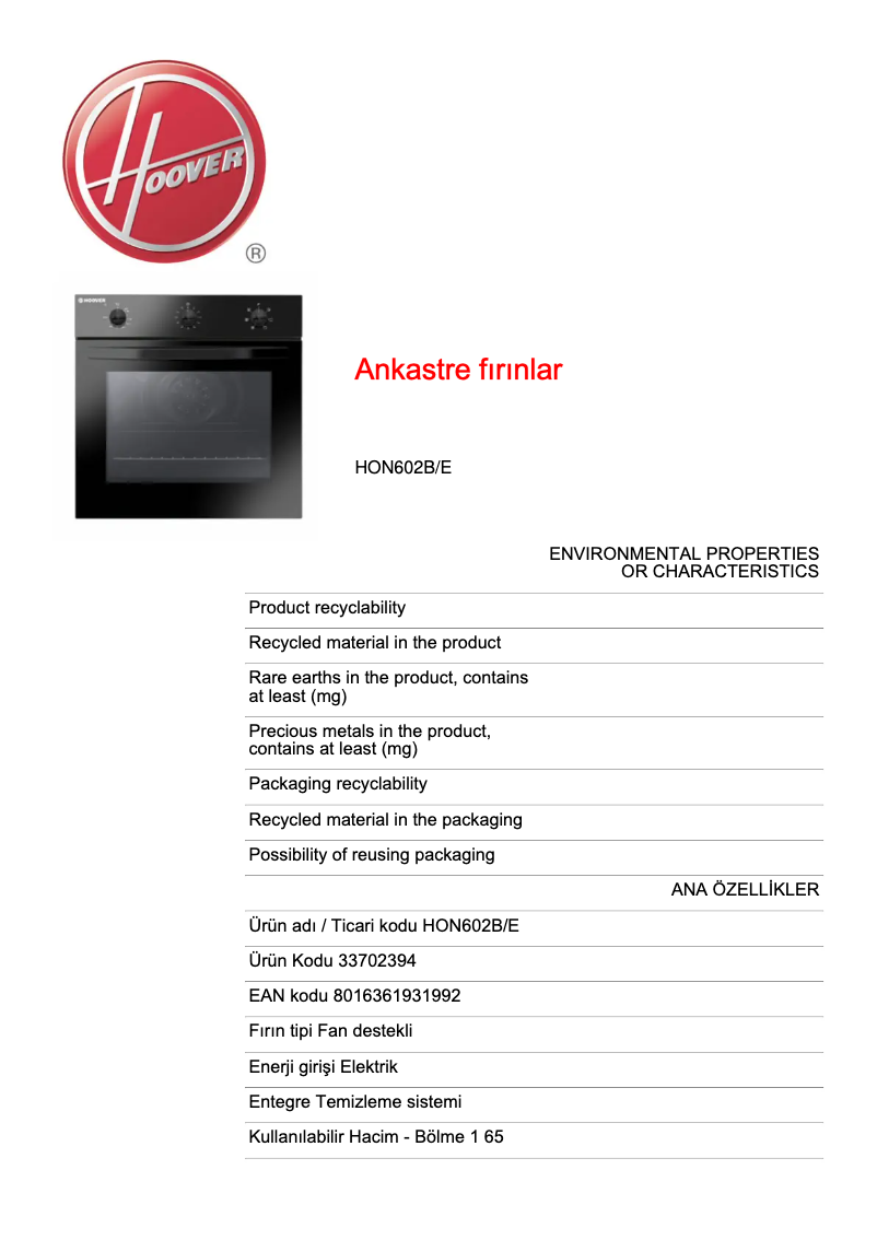 Page n°1 - Fiche technique Hoover HON602B/E
