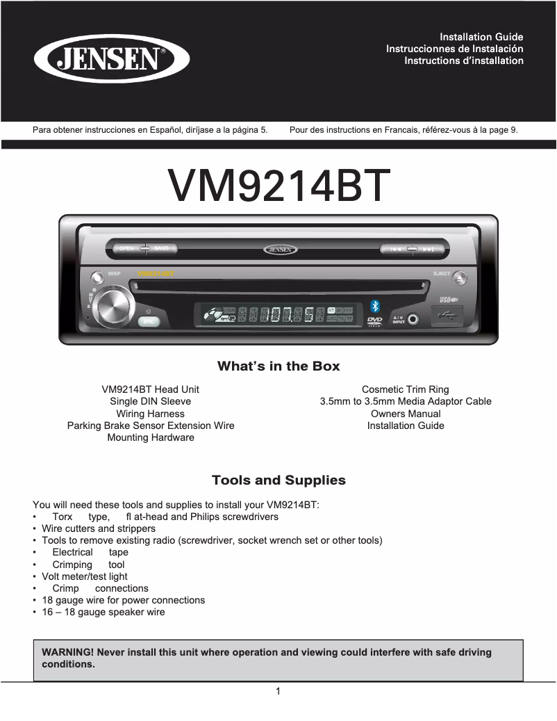 Page 1 de la notice Manuel utilisateur Jensen VM9214BT