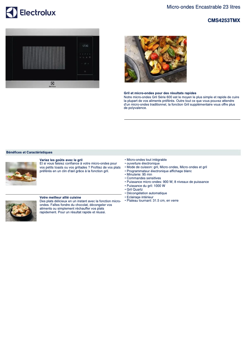 Page 1 de la notice Fiche technique Electrolux CMS4253TMX