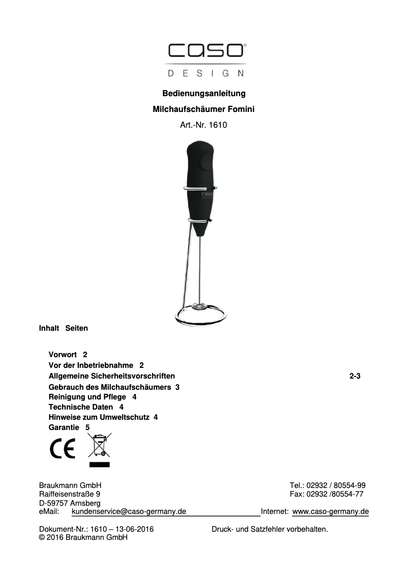 Page 1 de la notice Manuel utilisateur Caso Fomini 1610