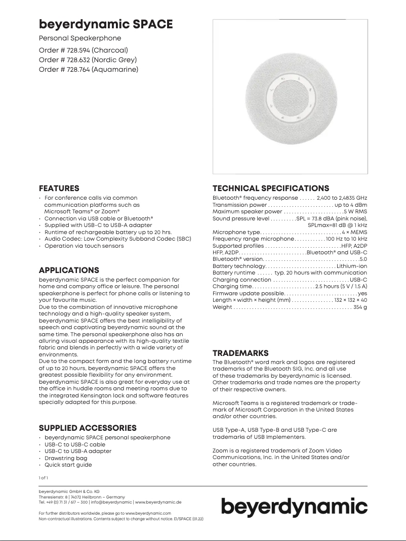 Page 1 de la notice Fiche technique Beyerdynamic Space
