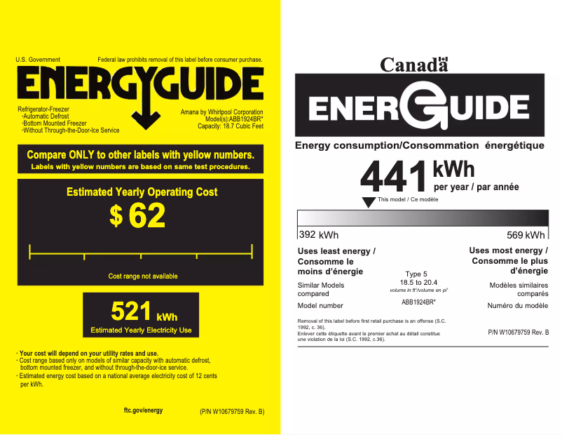 Page 1 de la notice Label énergétique Amana ABB1924BR