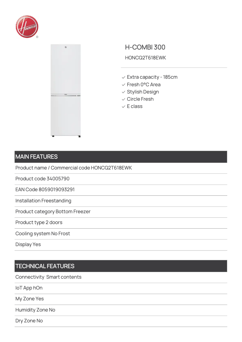 Page n°1 - Fiche technique Hoover HONCQ2T618EWK