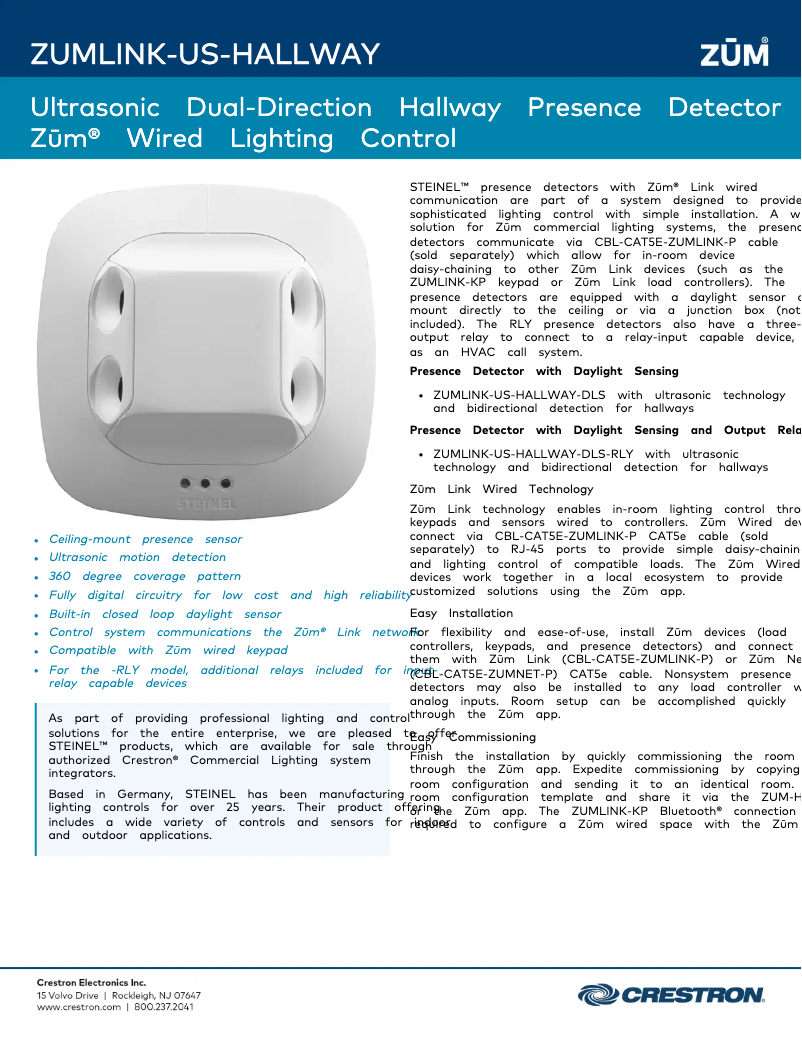 Page n°1 - Fiche technique Crestron ZUMLINK-US-HALLWAY-DLS-RLY