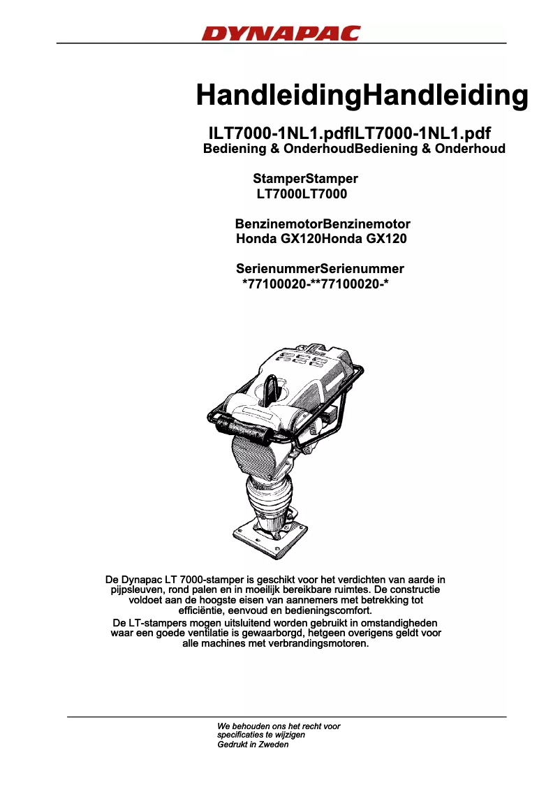 Page 1 de la notice Manuel utilisateur Dynapac ILT7000-1NL1