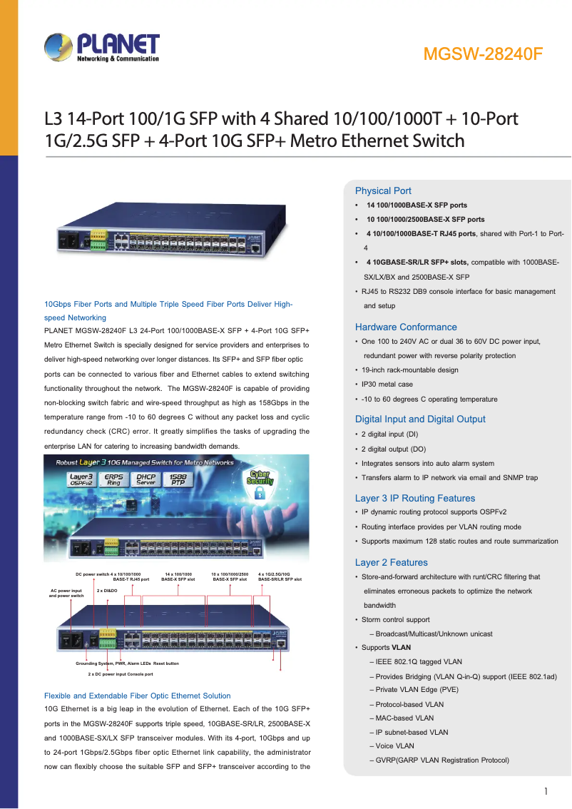 Page n°1 - Fiche technique Planet MGSW-28240F