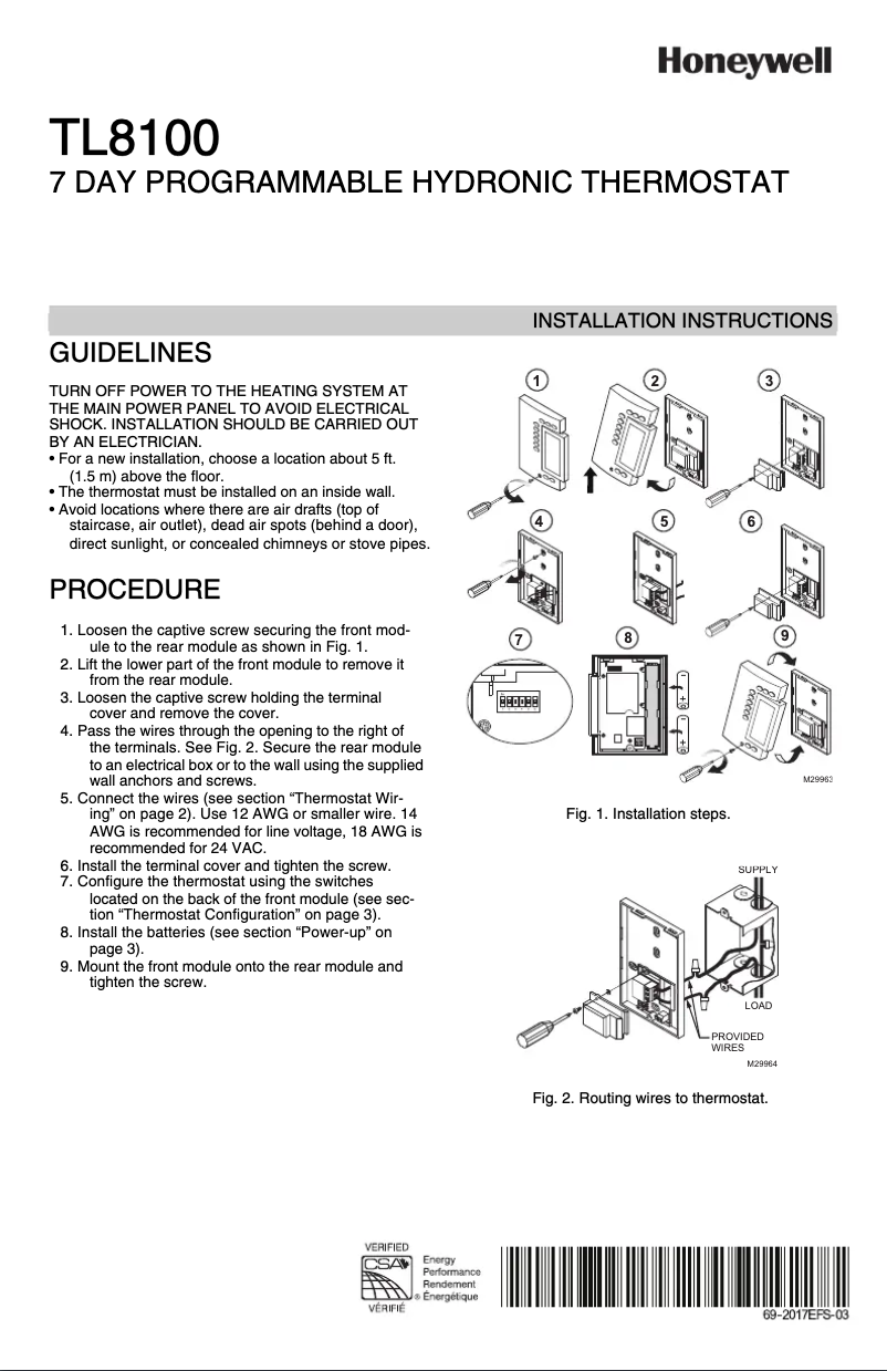 Page 1 de la notice Instructions / montage Honeywell TL8100A