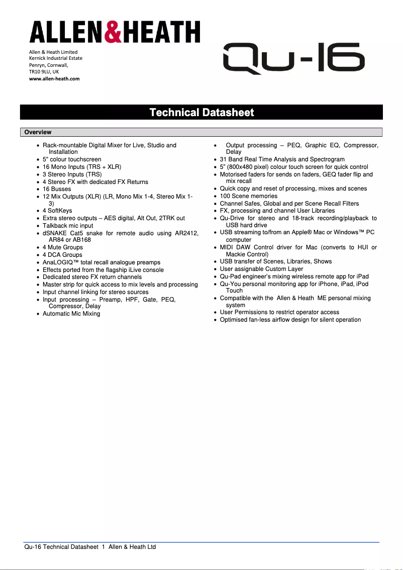 Page 1 de la notice Fiche technique Allen & Heath Qu-16