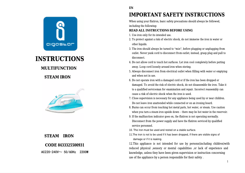 Page 1 de la notice Manuel utilisateur Aigostar 31HFY