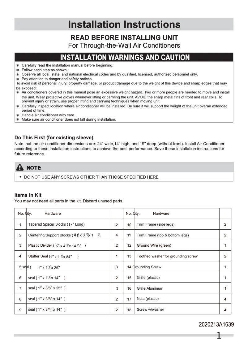 Page 1 de la notice Guide d'installation Frigidaire FFTA1033Q2