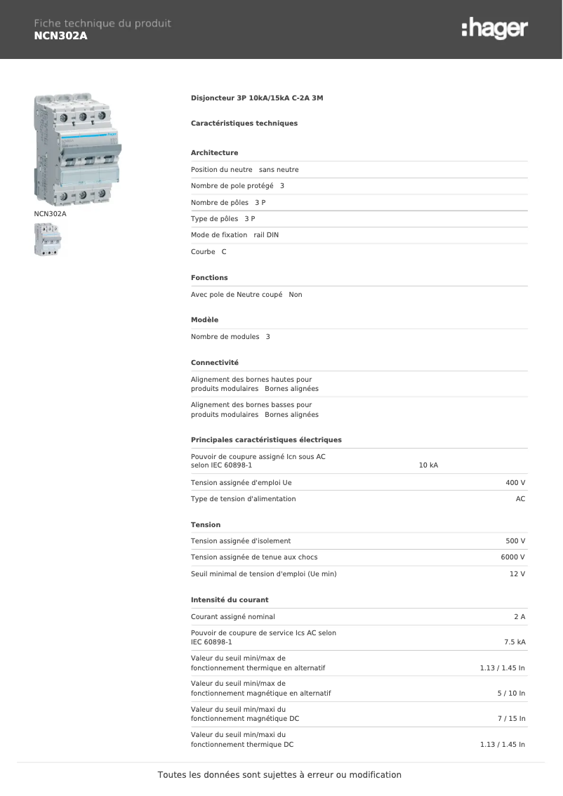 Page 1 de la notice Manuel utilisateur Hager NCN302A