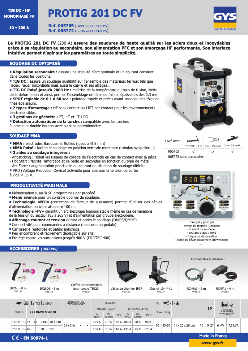 Página 1 del manual Ficha técnica GYS Protig 201 DC FV