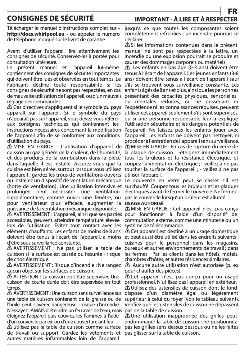 Page 1 de la notice Manuel utilisateur Whirlpool GMW 9522/IXL