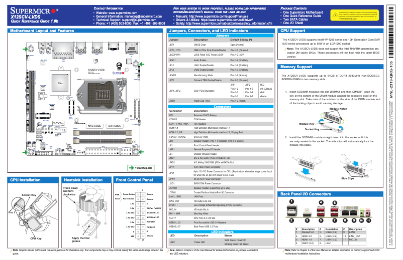 Page 1 de la notice Guide de démarrage rapide Supermicro X12SCV-LVDS
