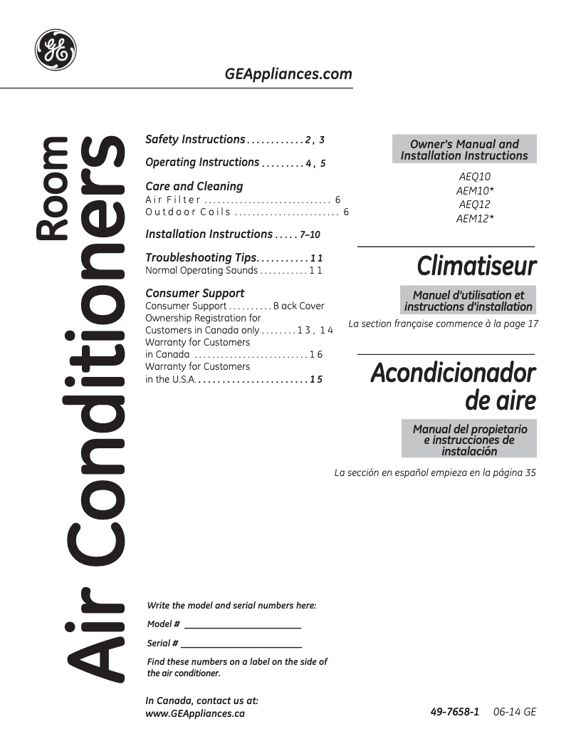 Page n°1 - Guide d'installation GE AEQ12AQ