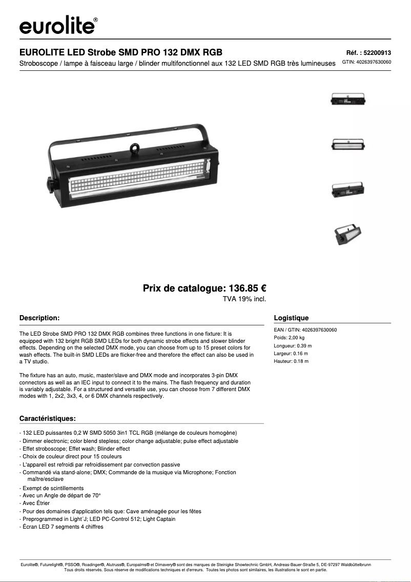 Page 1 de la notice Fiche technique Eurolite LED Strobe SMD PRO 132 DMX RGB