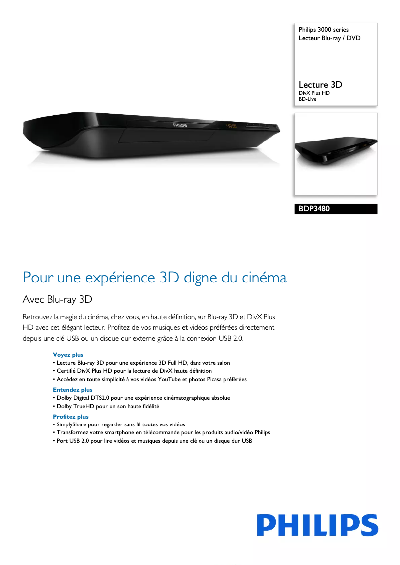 Page n°1 - Fiche technique Philips BDP3480