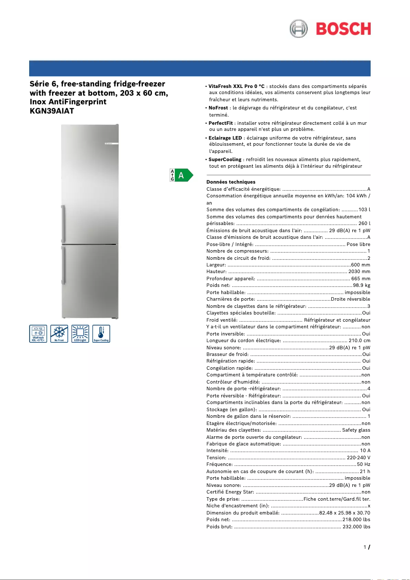Page n°1 - Fiche technique Bosch KGN39AIAT
