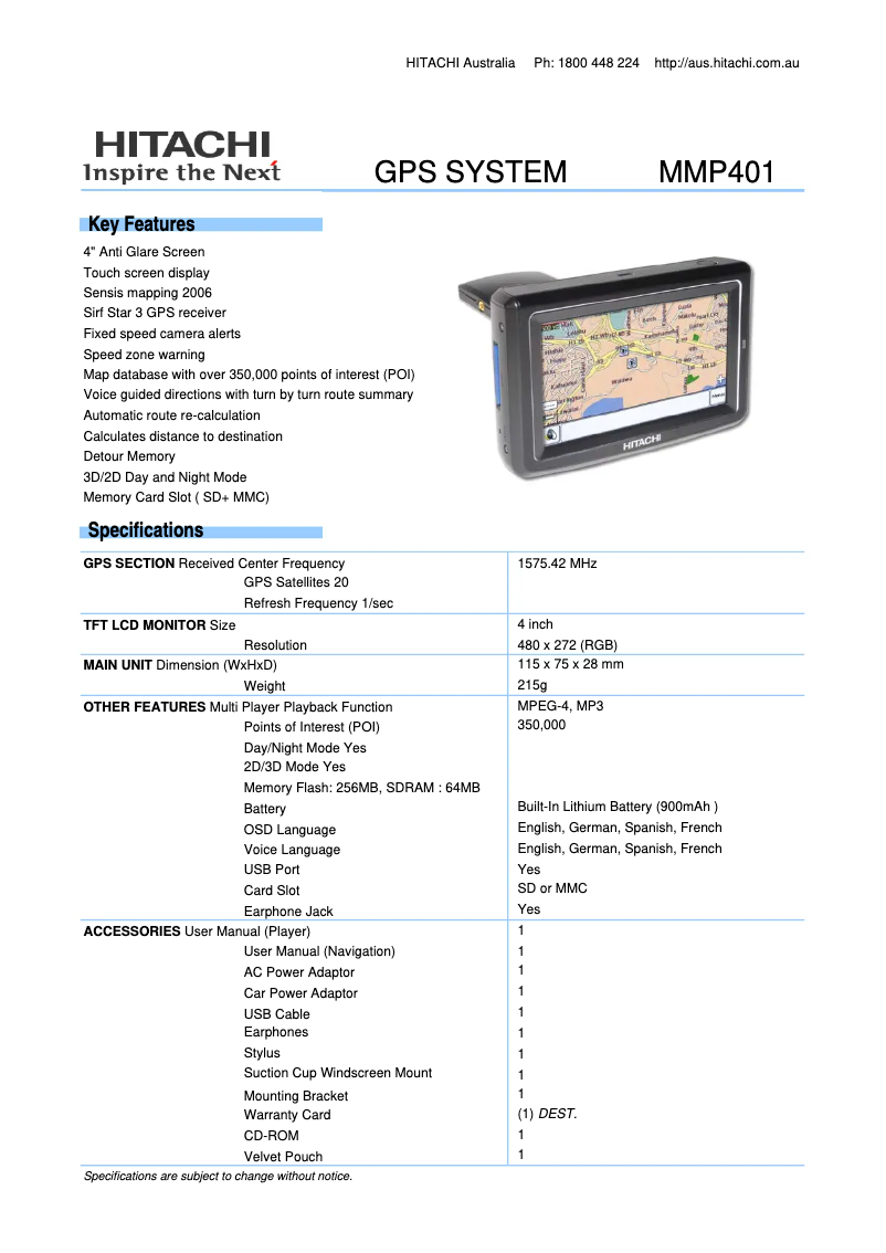 Page 1 de la notice Fiche technique Hitachi MMP401