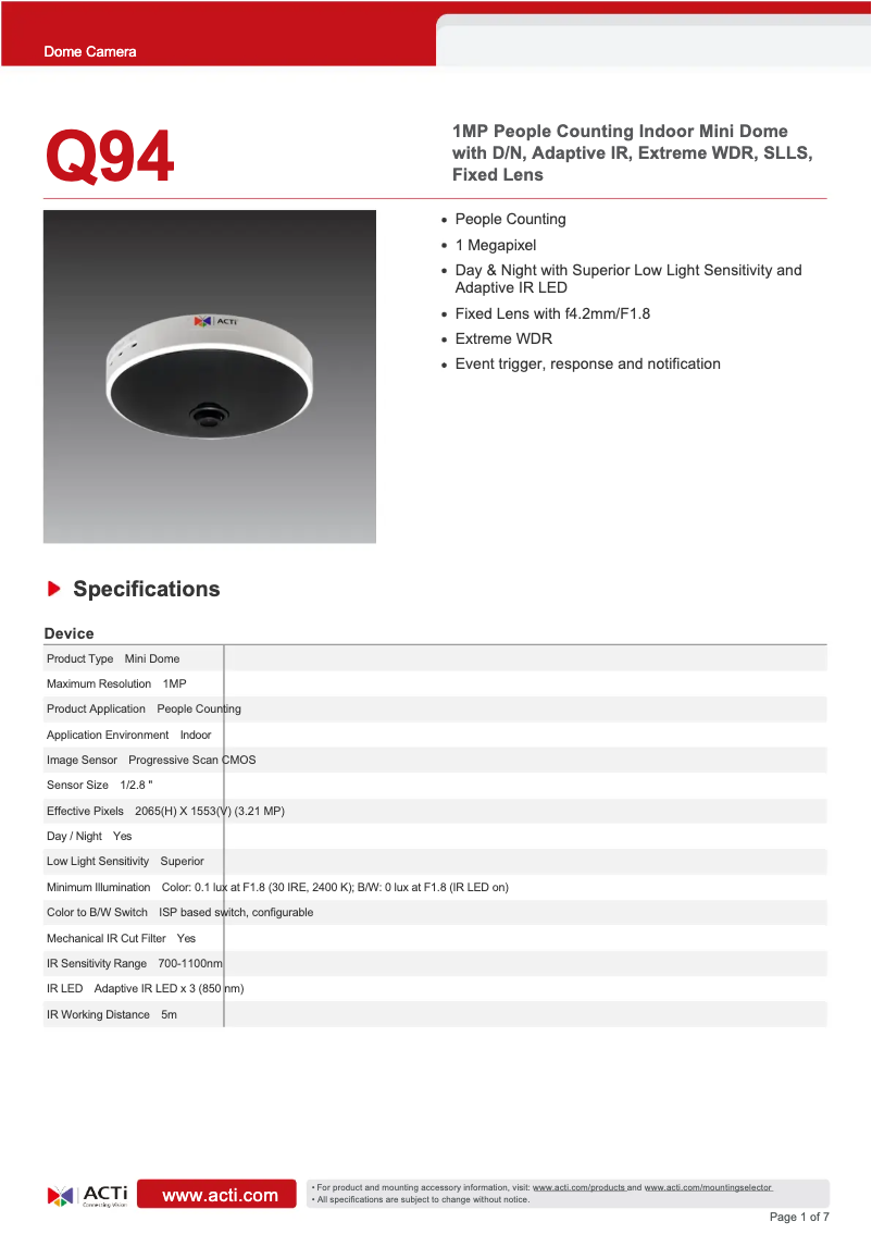 Page 1 de la notice Fiche technique ACTi Q94