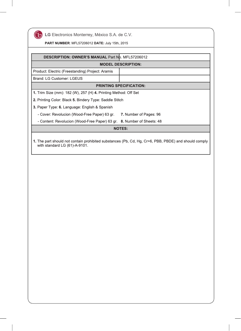 Page 1 de la notice Manuel utilisateur LG LRE3083BD