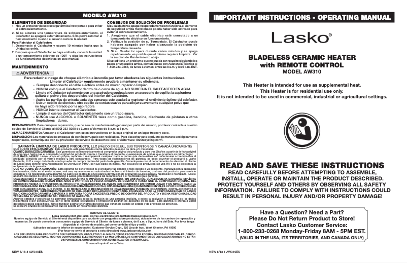 Page 1 de la notice Manuel utilisateur Lasko AW310