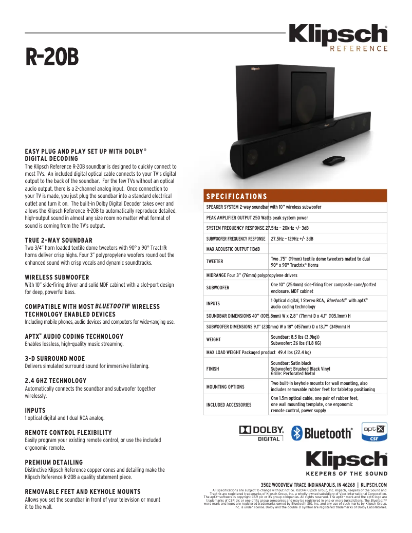 Page n°1 - Fiche technique Klipsch R-20B