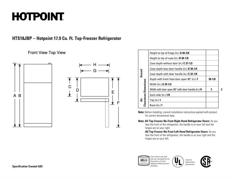 Page 1 de la notice Fiche technique Hotpoint HTS18JBPWW