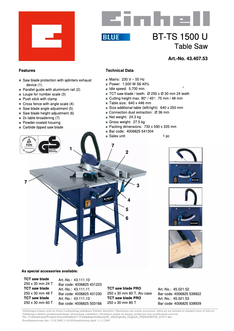Page n°1 - Manuel utilisateur Einhell BT-TS 1500 U