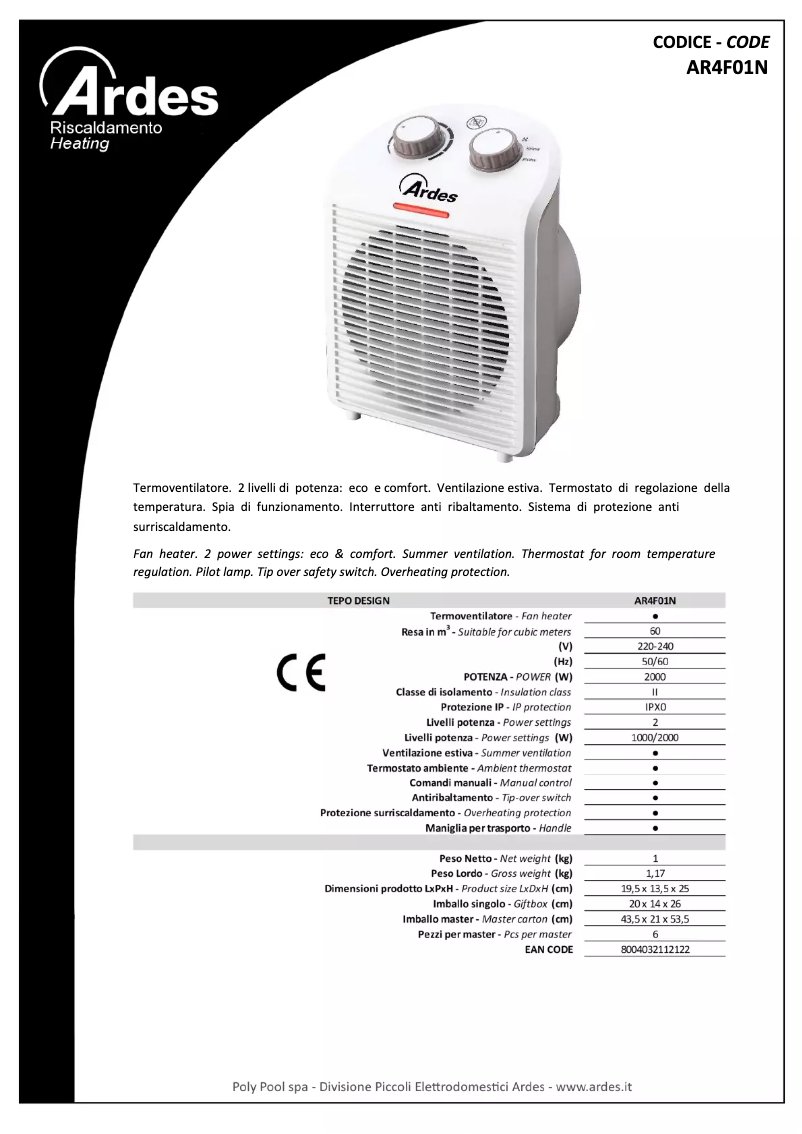 Page 1 de la notice Fiche technique Ardes AR4F01N